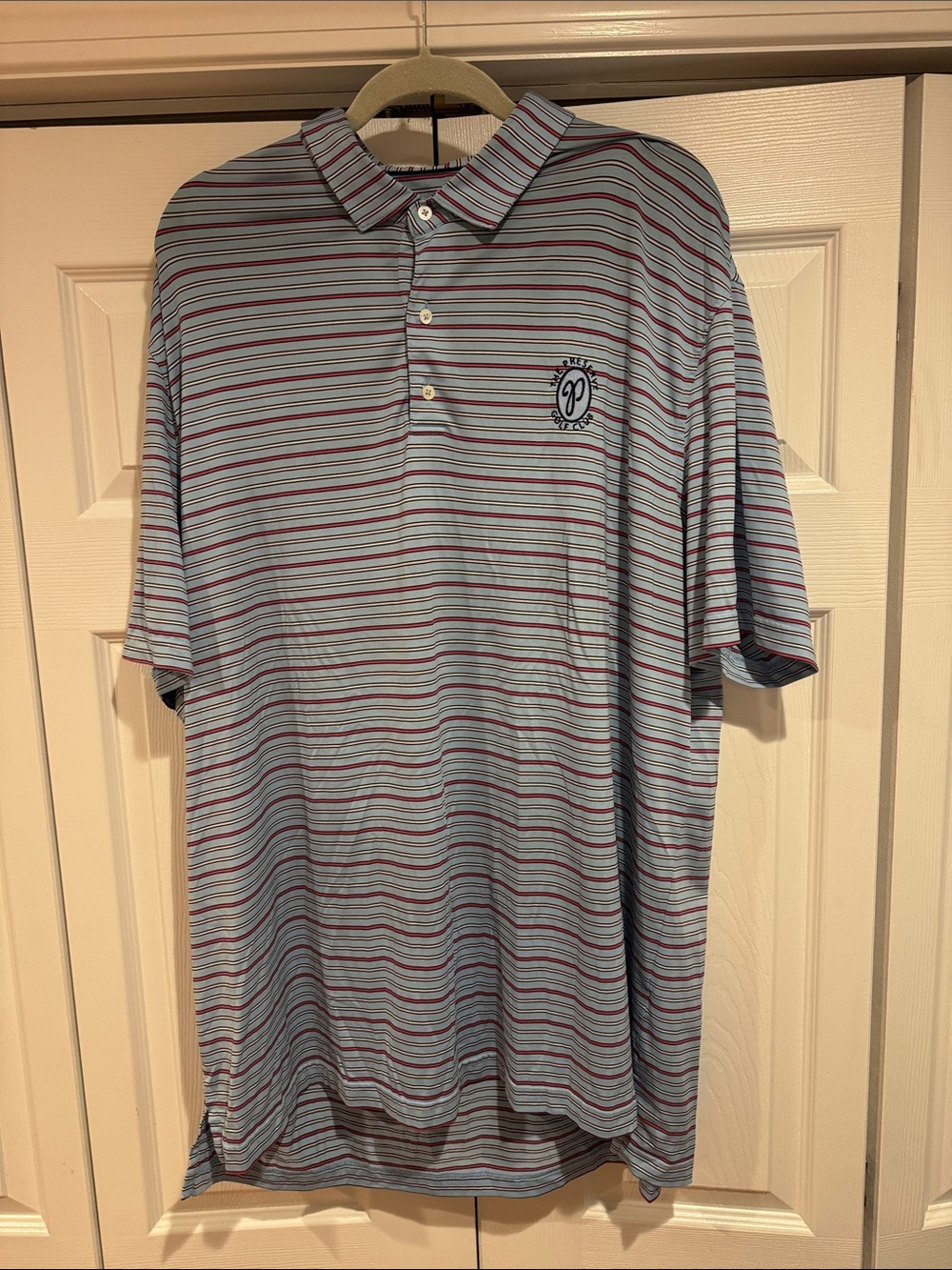 johnnie-O Light Blue Polo with Burgundy and Navy Stripes